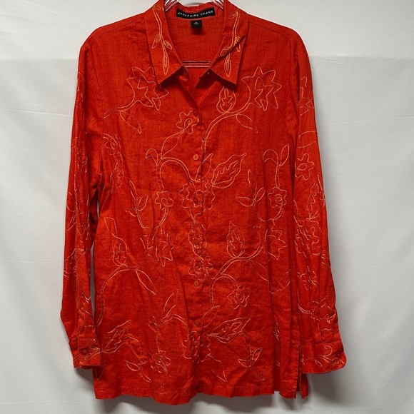 Josephine Chaus Tops - Josephine Chaus Women’s 100% Linen Floral Embroidered Button Down Shirt 16